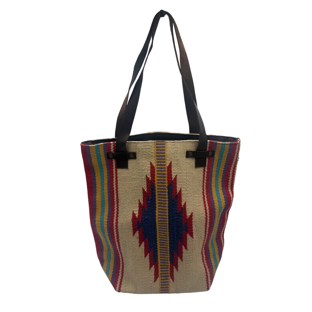 Southwestern Woven Wool Tote Bag Leather Straps Geometric Tribal Shoulder Bag
